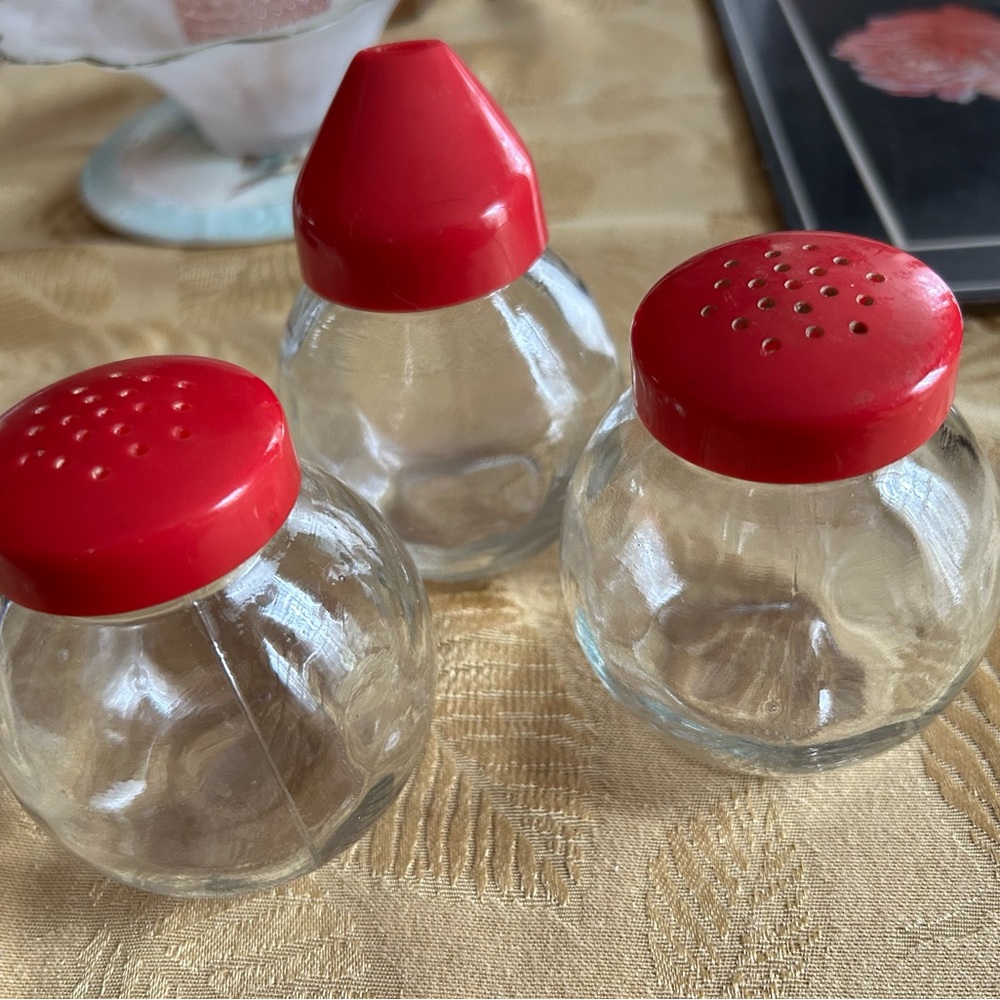 Vintage Red and Clear Glass Shaker Sauce and Jam Set